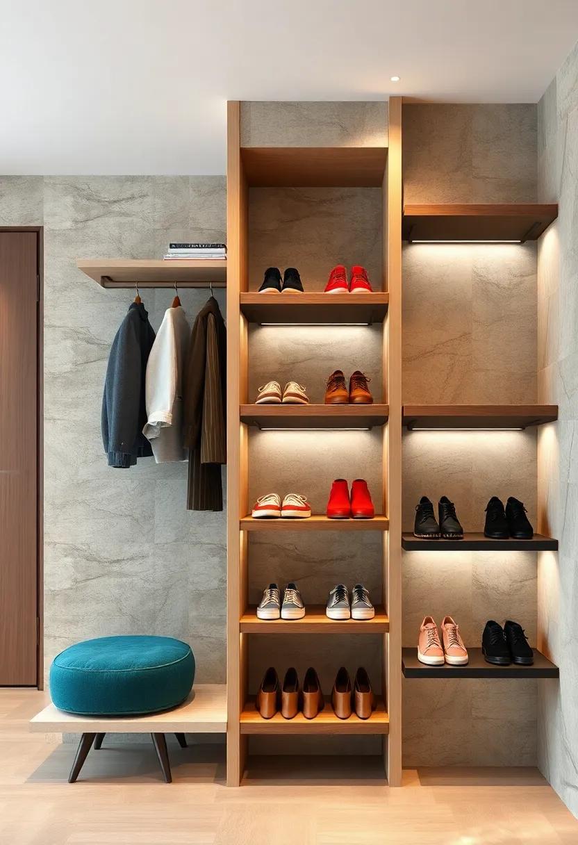 Tiered ‍Shoe Shelving: Design tiered shelves that slope slightly downward to display shoes clearly while utilizing back wall‍ space effectively