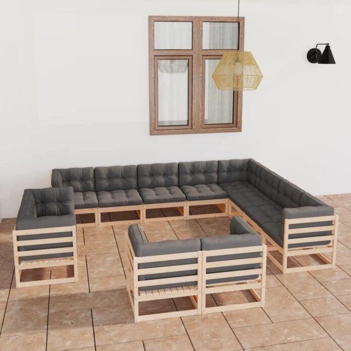 Gather Around Spacious Pinewood Patio Set With Cozy Gray Cushions