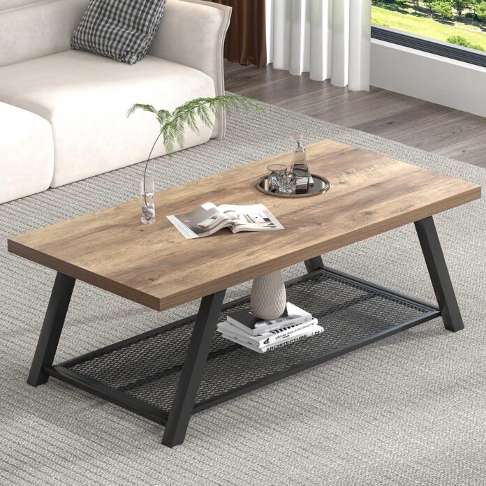 FOLUBAN Coffee Table, Oak Two-Tier, with remotes and mugs
