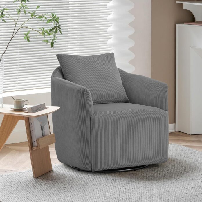 Simple Deluxe Swivel Barrel Chair Adds Quiet Corduroy Comfort To A Reading Nook
