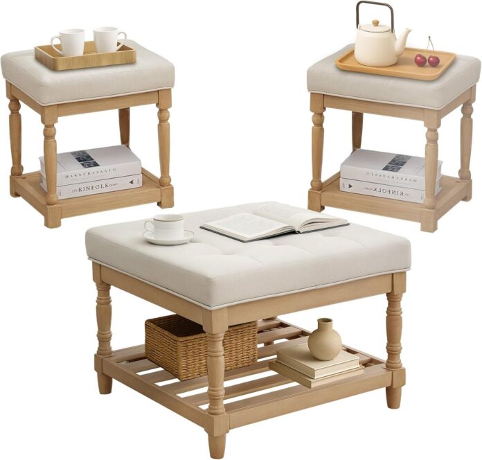 UEV Ottoman Coffee Table Set beige anchors the living room