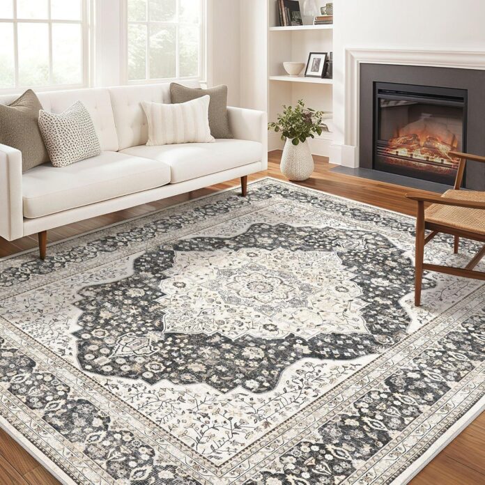 Vintage Ultra Thin Black Beige Rug Anchoring Seating Area