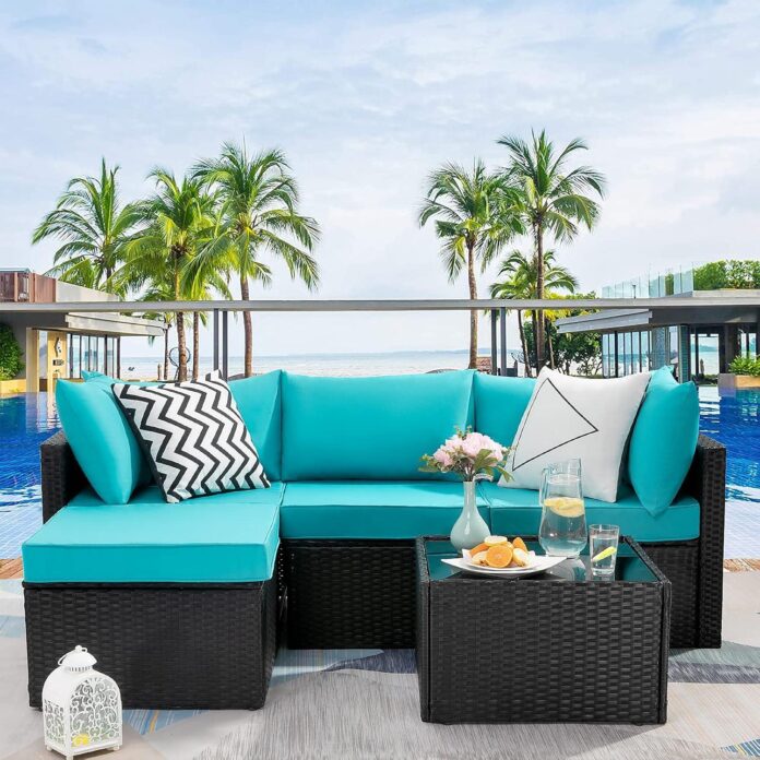 Vitesse Light Blue Rattan Sectional Sofa Settling The Patio