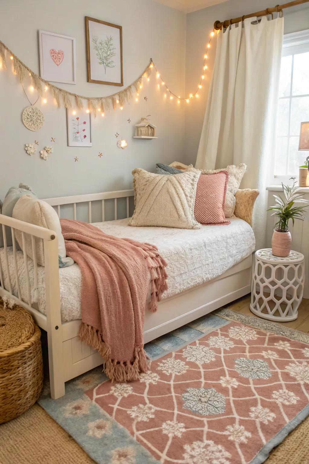 Throws and rugs add warmth and coziness to a daybed setup.