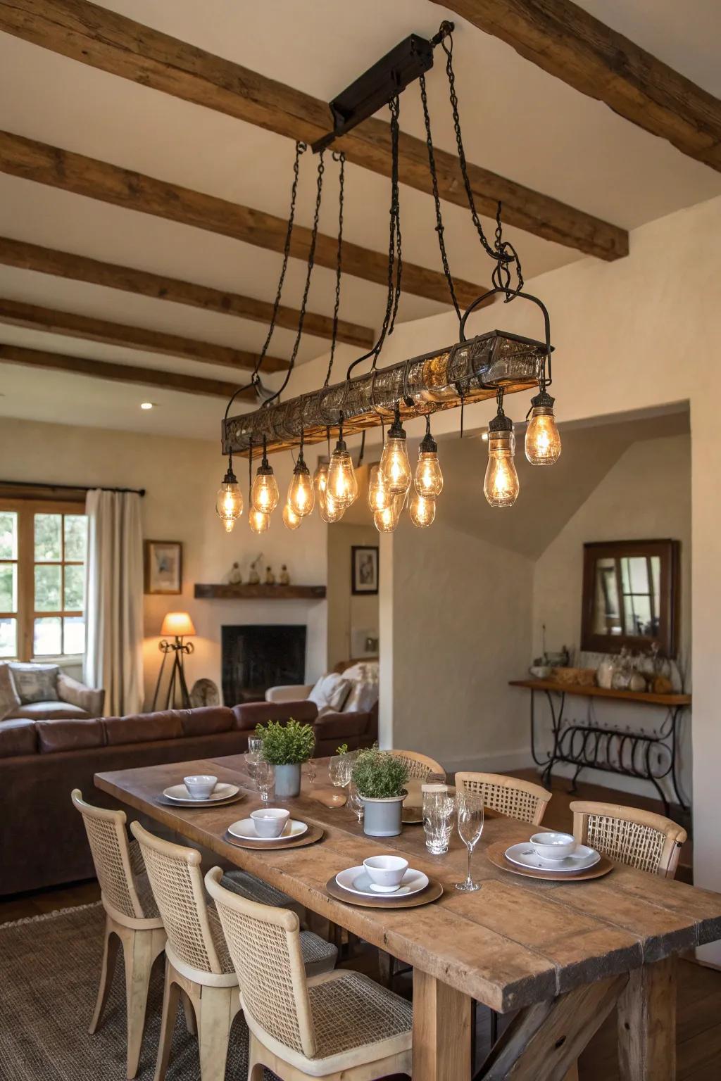 Edison bulbs add a nostalgic glow to the dining room.