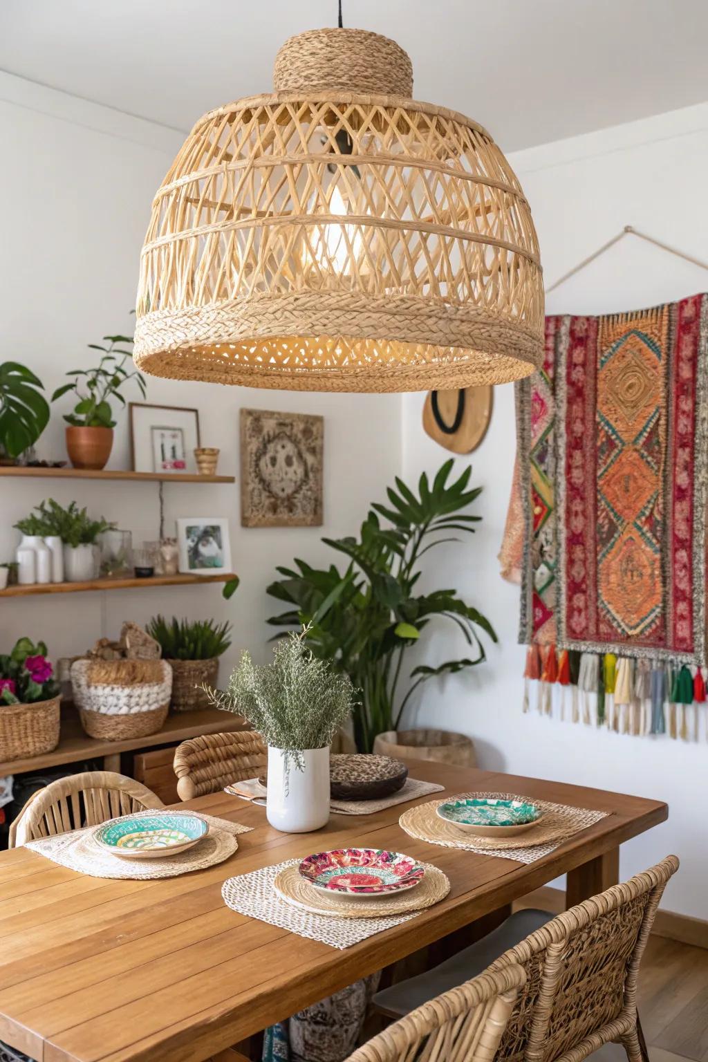 A stunning rattan pendant light enhances the bohemian vibe of this dining area.