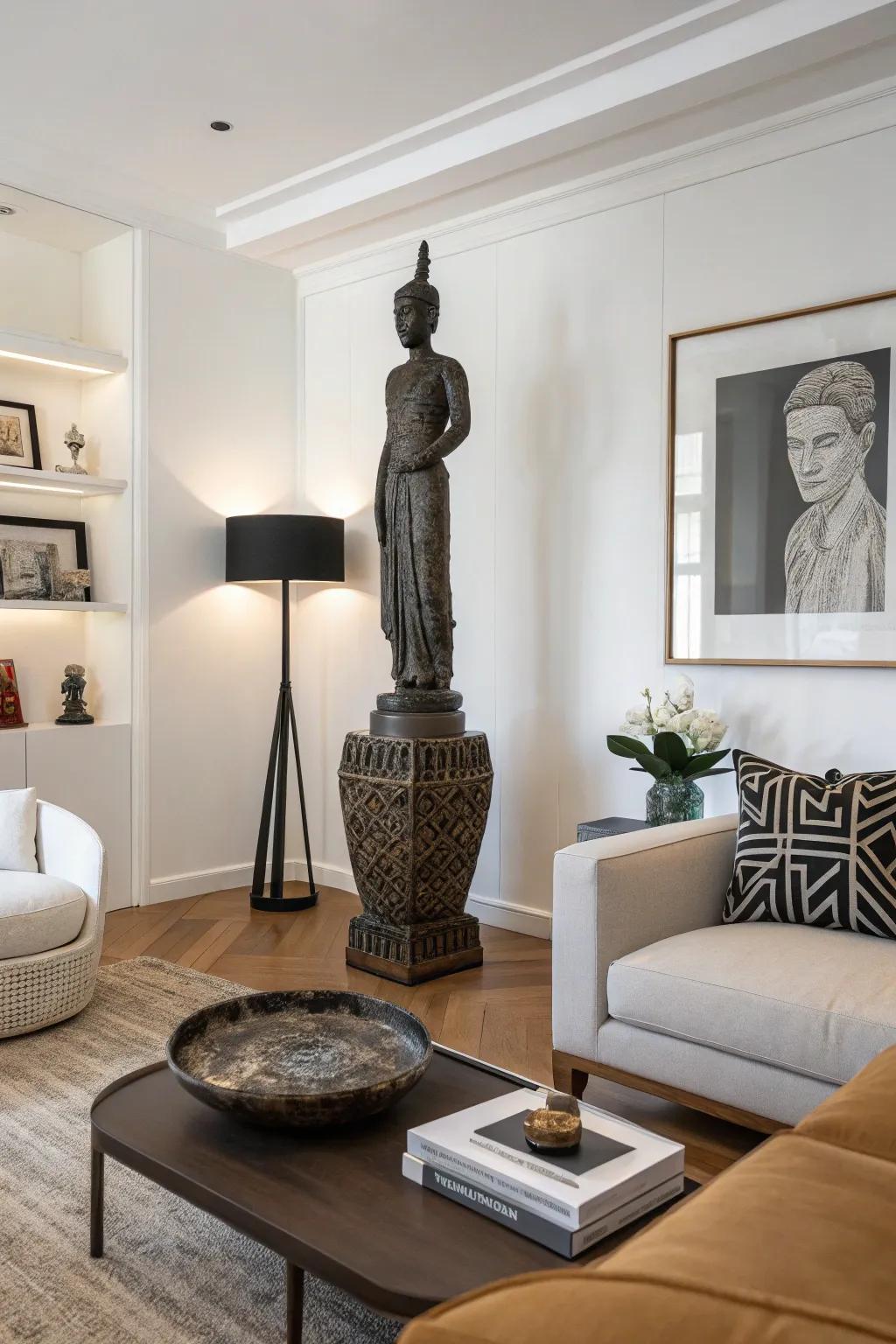 Create a focal point with a striking sculpture.
