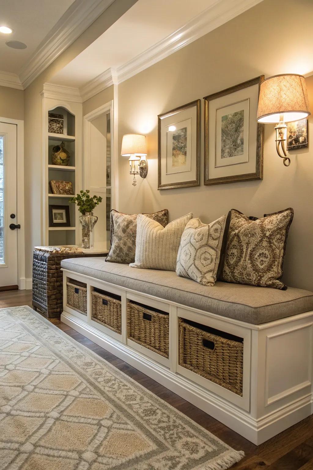 Incorporate versatile seating with a bench or ottoman.