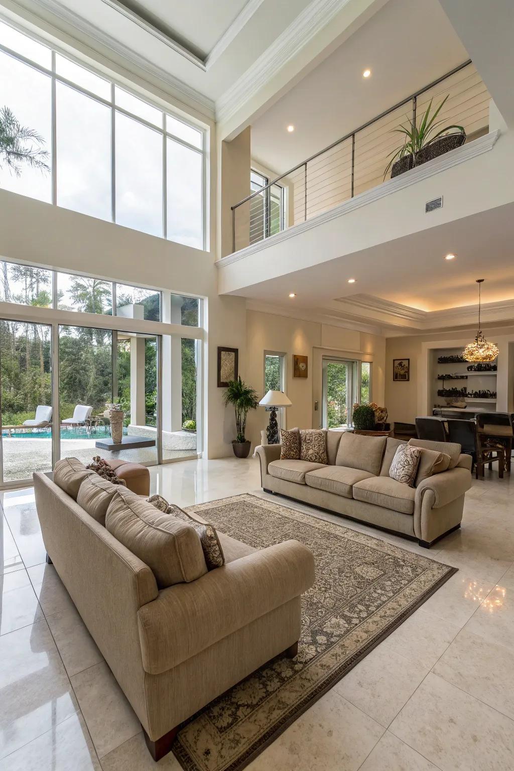 Spacious open living room layout encouraging easy movement.