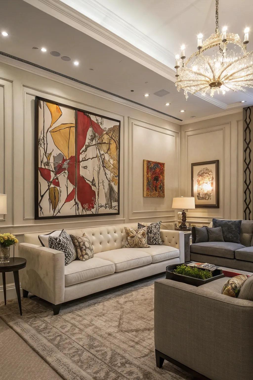 Living room featuring bold artwork above seating.