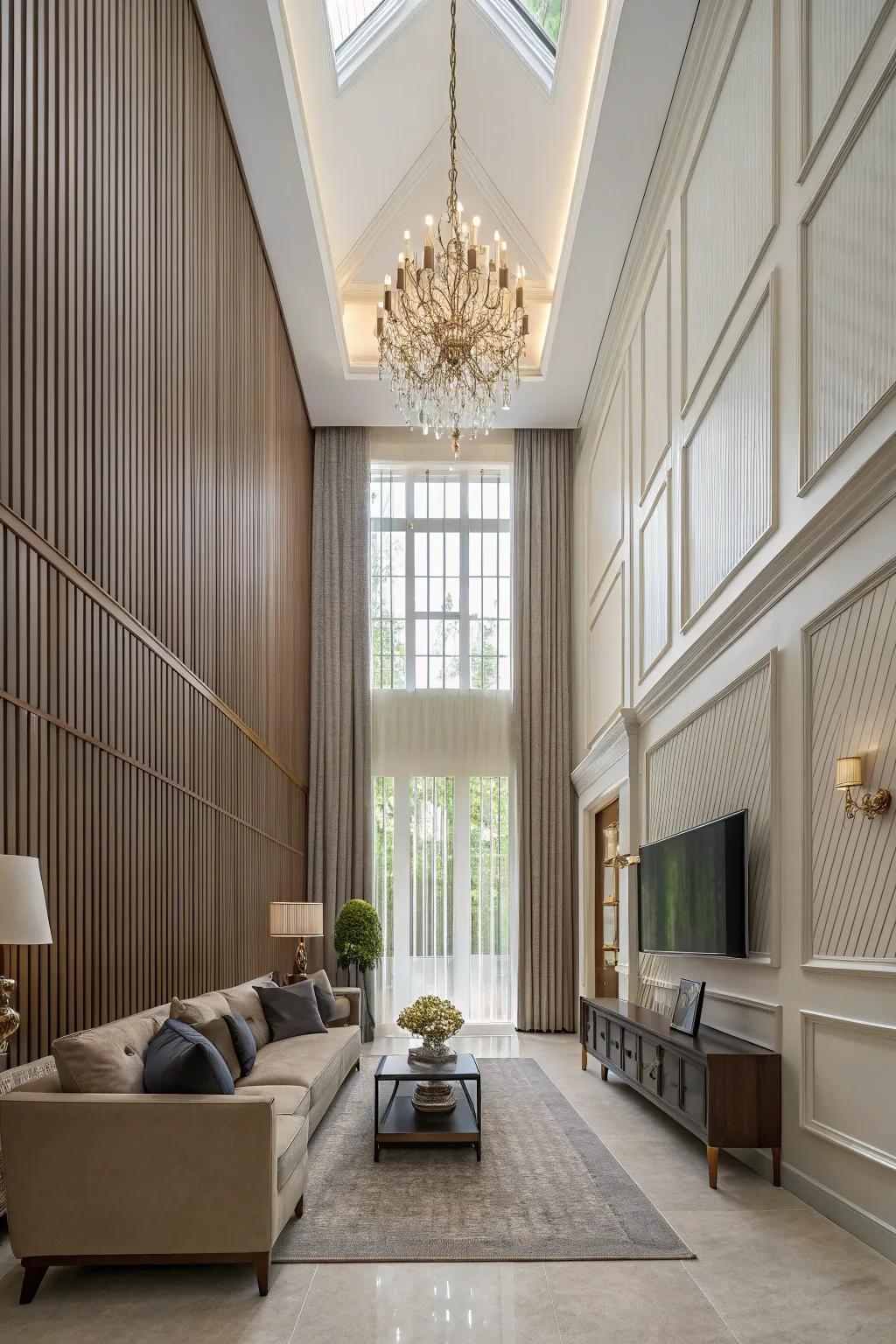 Vertical paneling draws the eye upward, creating a sense of spaciousness.