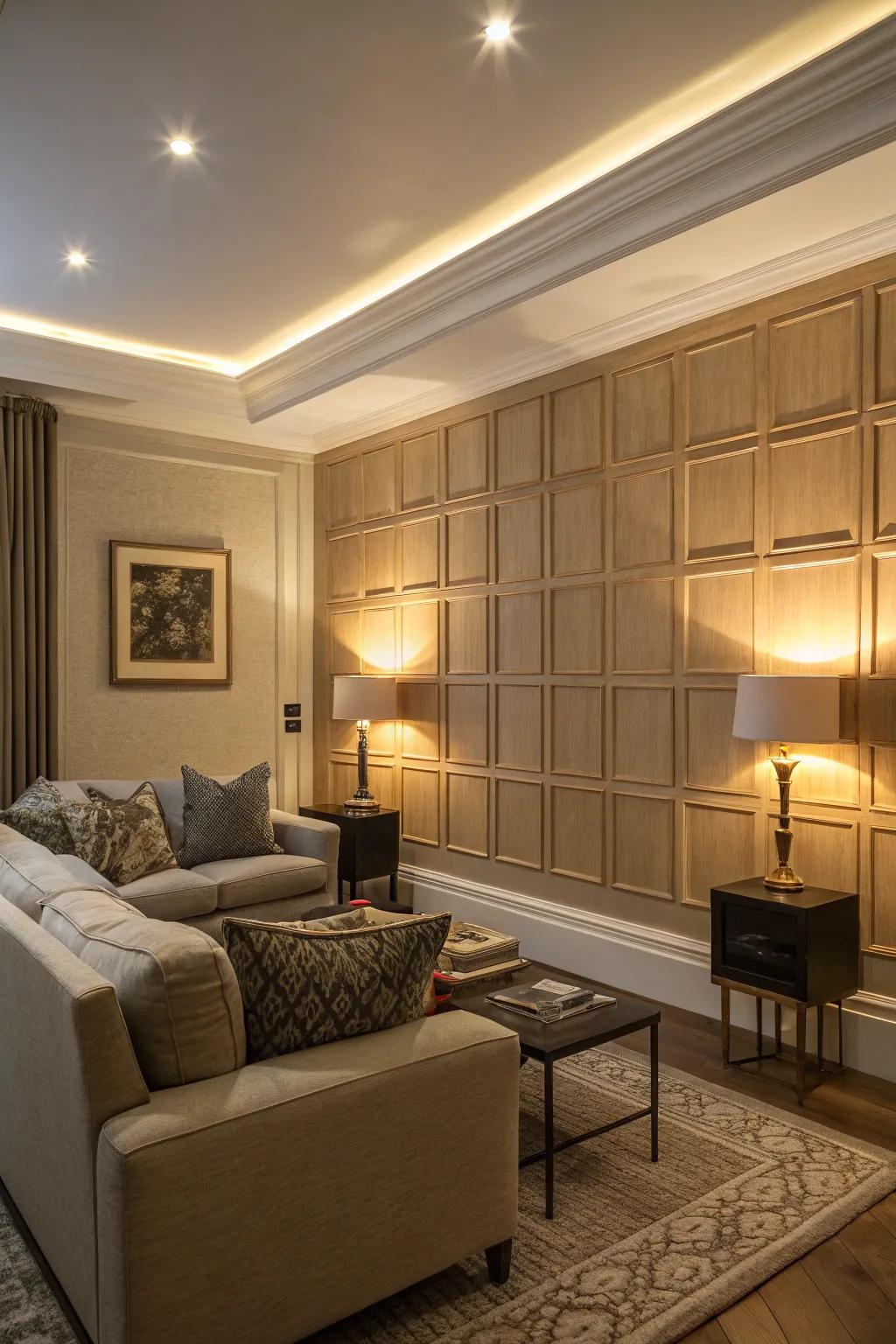 Lighting integrated into wall panels adds drama and depth.