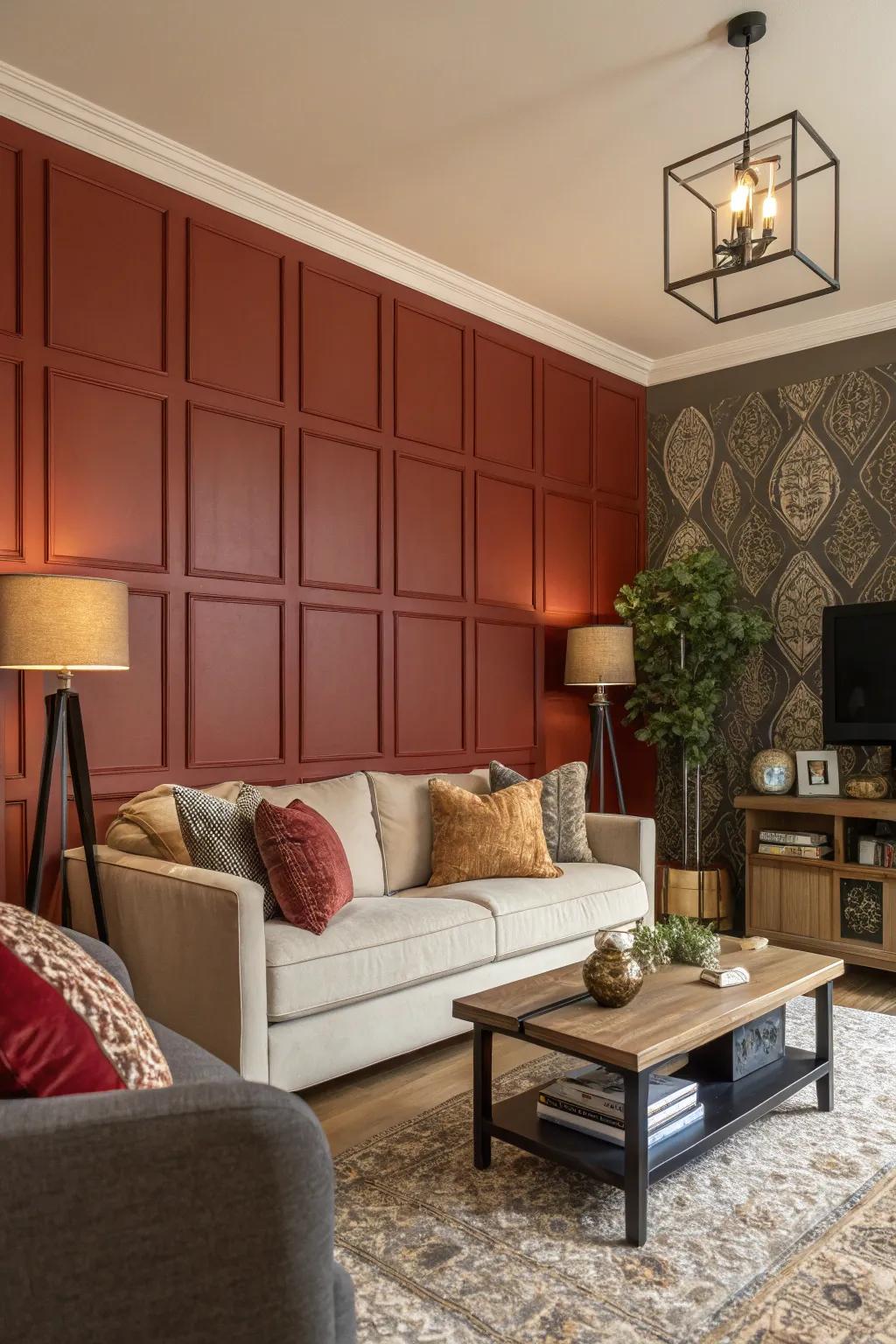 A bold accent wall with unique panels becomes the room’s centerpiece.