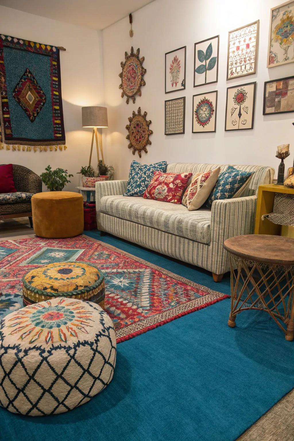 An eclectic mix turns a room with a blue carpet into a vibrant, unique retreat.
