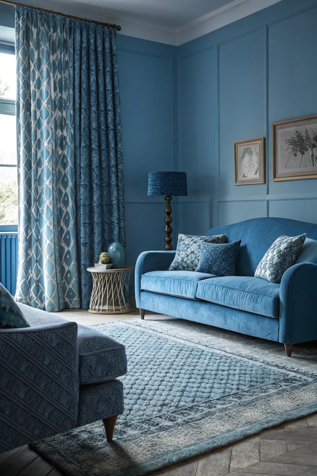 A monochromatic blue theme creates a calm and cohesive living area.