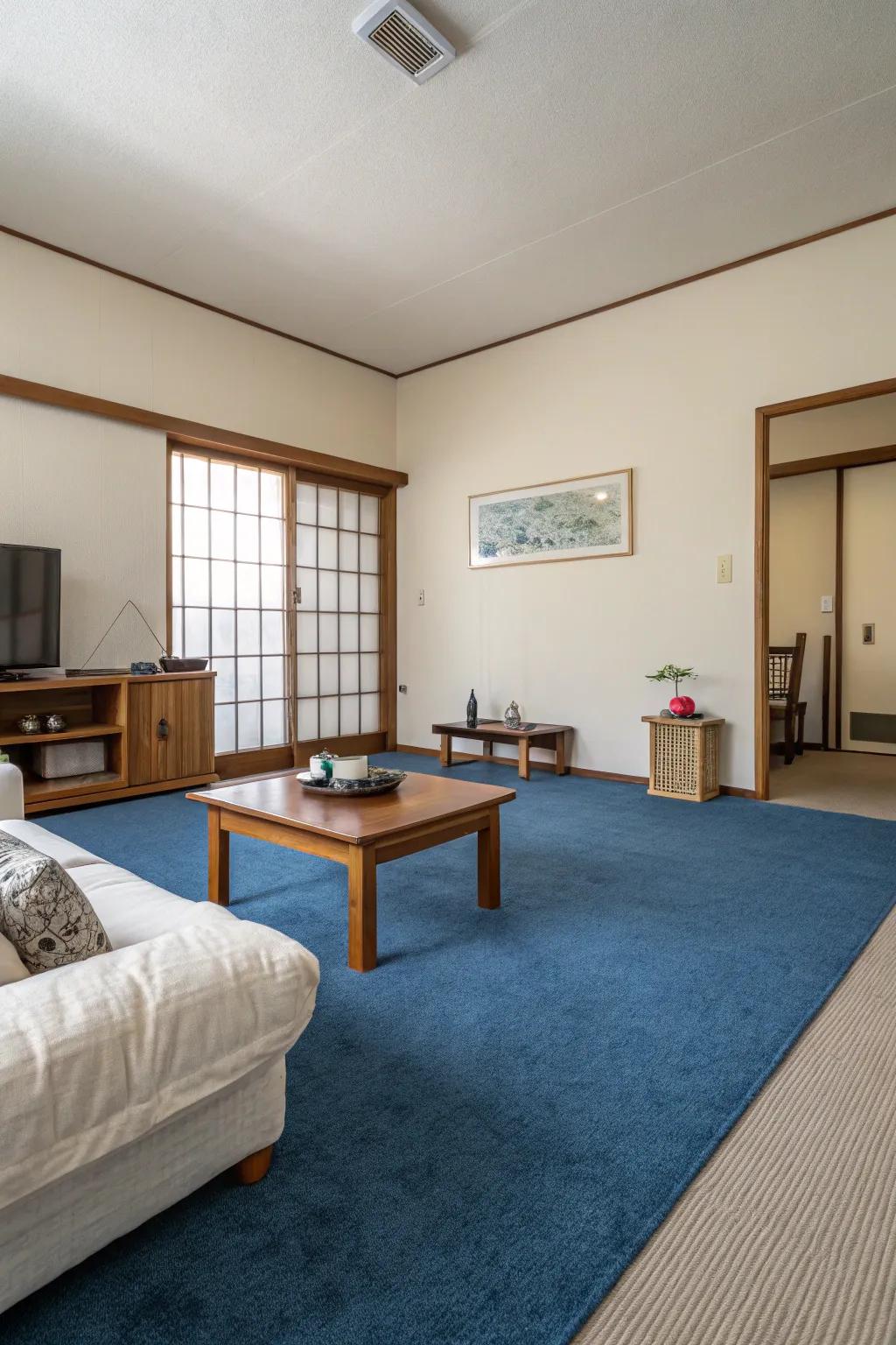 Minimalist design highlights the blue carpet, emphasizing simplicity.