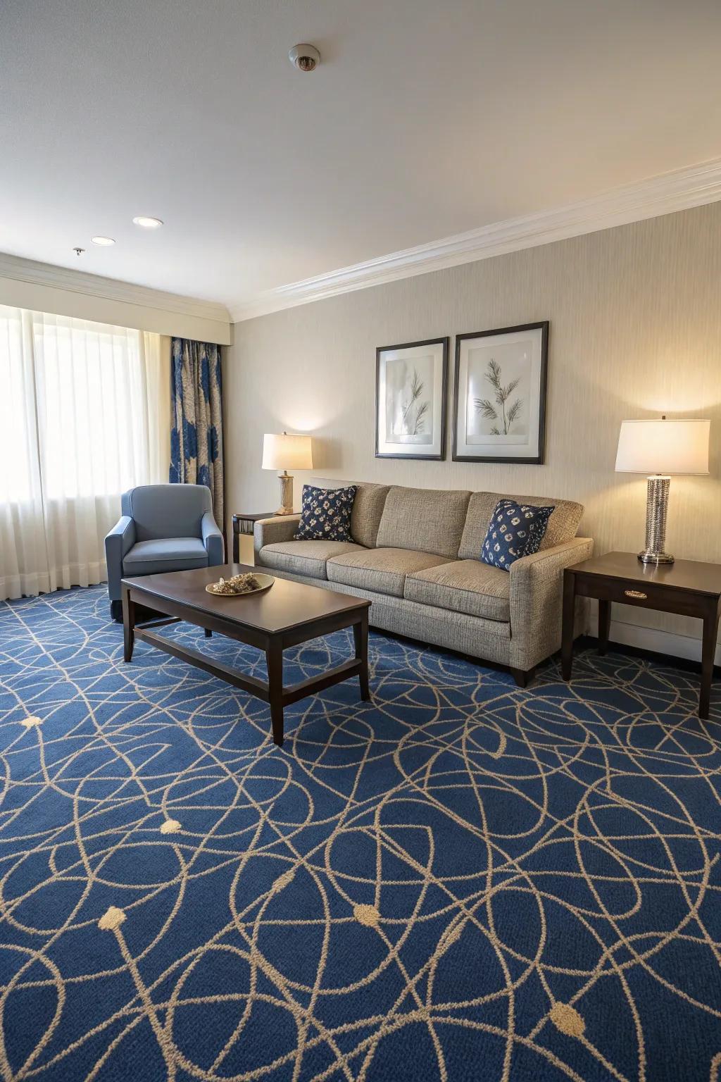 Patterned blue carpets bring personality and flair, making your living room uniquely yours.