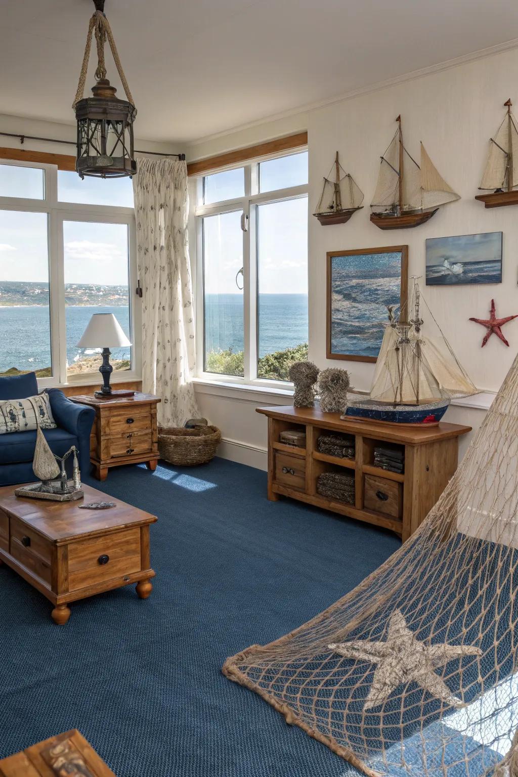 A coastal theme with a blue carpet creates a peaceful, beach-inspired vibe.