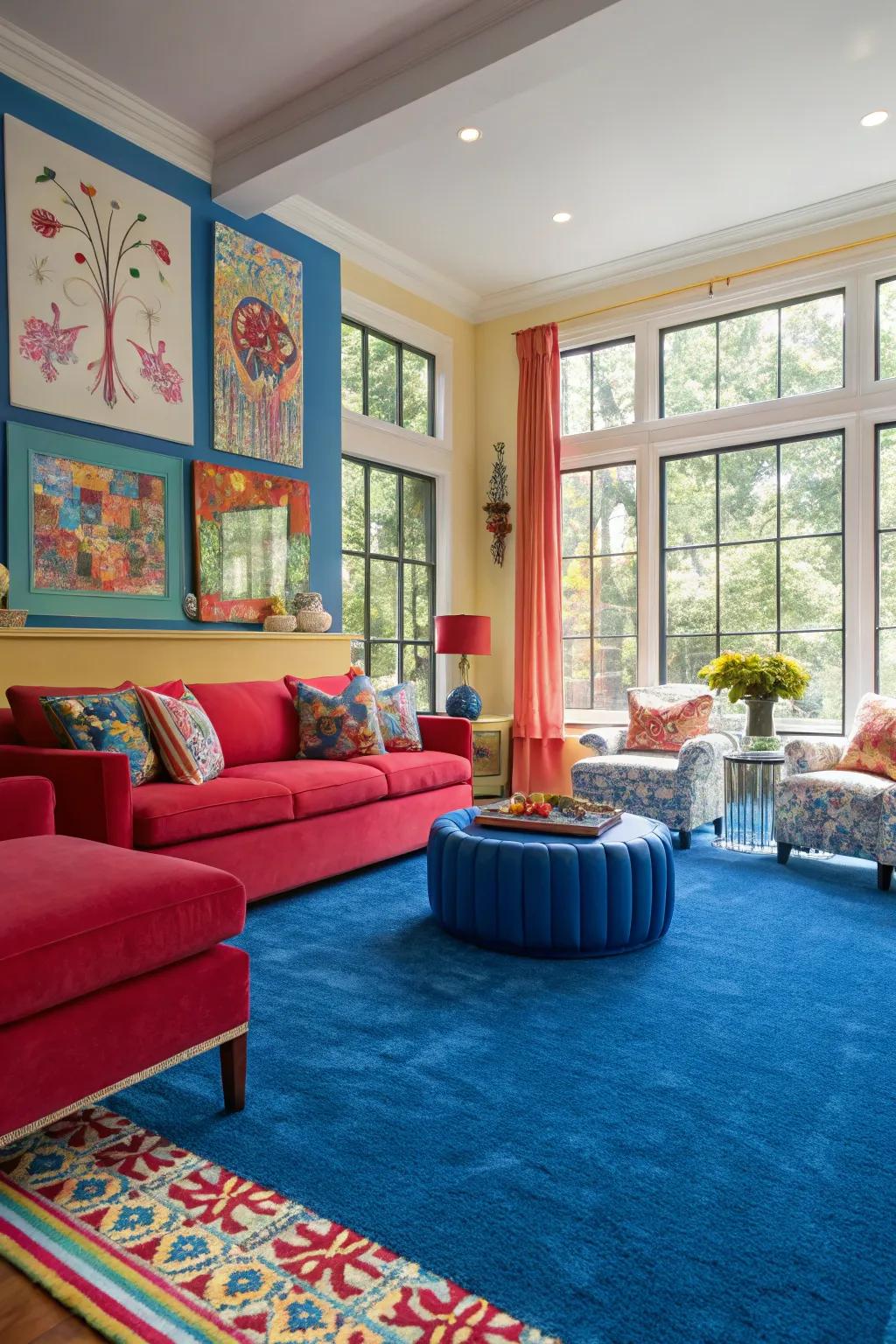Vibrant colors create a striking contrast with a blue carpet, energizing the room.