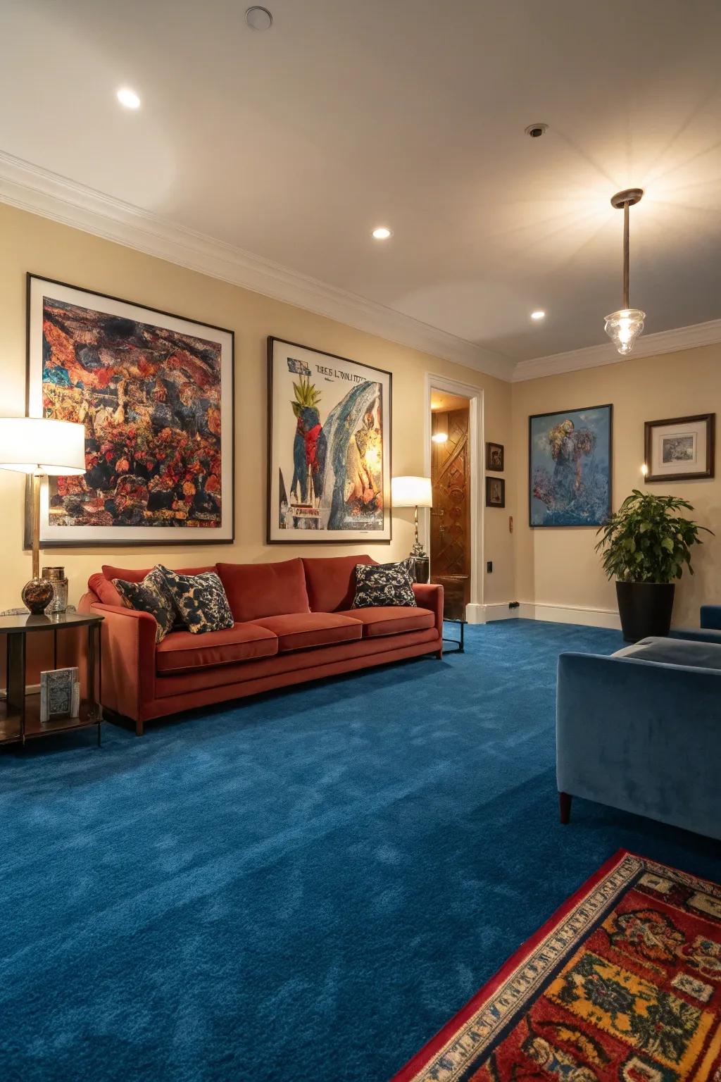 Bold artwork paired with a blue carpet creates a refined, artistic living space.