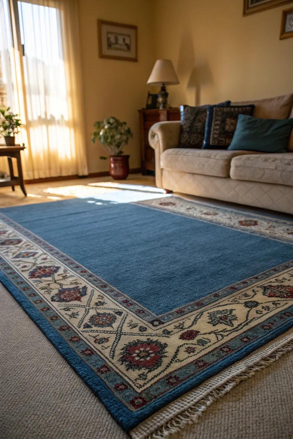 Layering rugs adds texture and style to a room with a blue carpet.