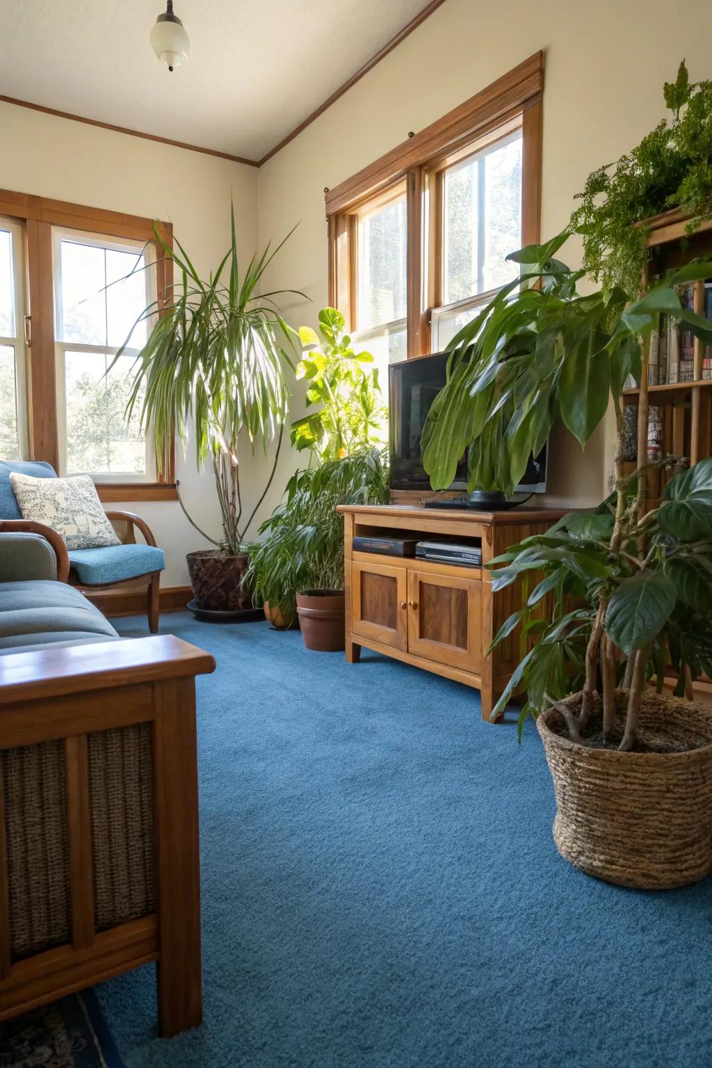 Indoor plants add vibrancy and contrast to a room with a blue carpet.