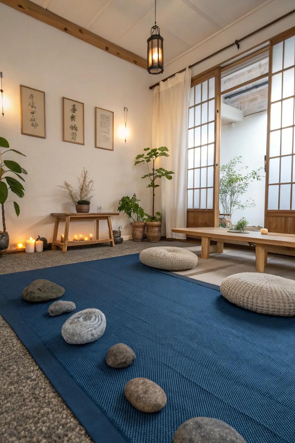 A blue carpet sets the stage for a peaceful, Zen-inspired living room.