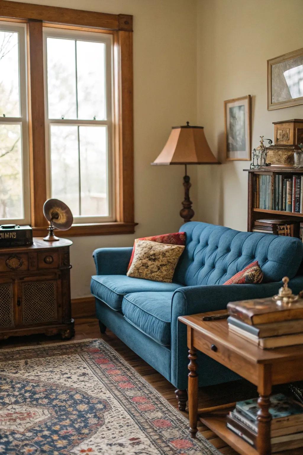 Vintage accents add character to a blue sofa setup.