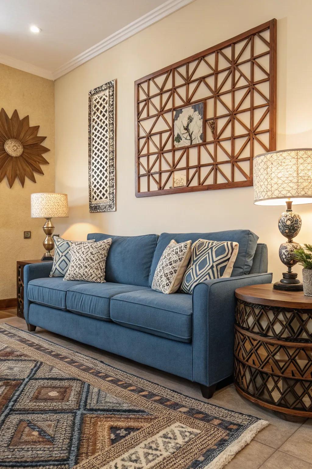 Geometric patterns add a contemporary touch to a blue sofa setting.