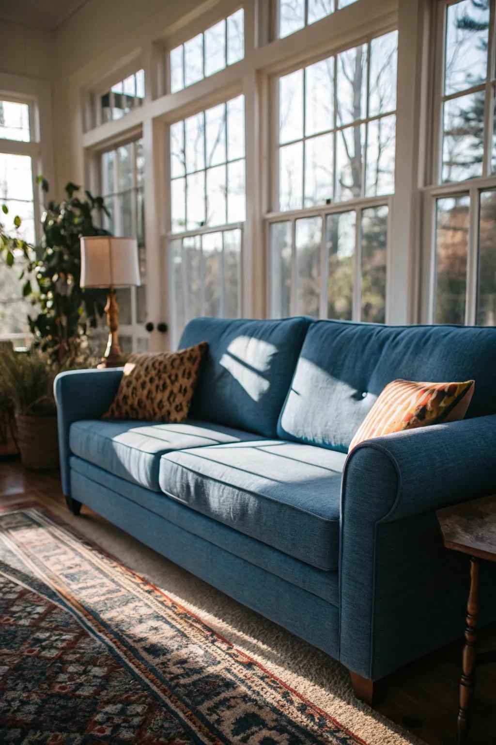 Natural sunlight brightens a blue sofa.