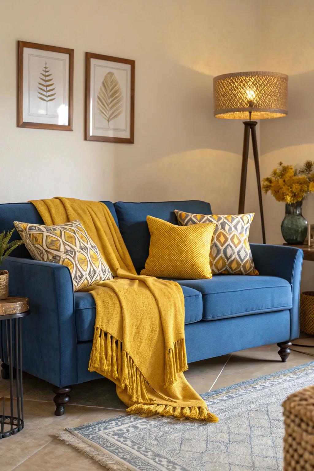 Mustard accents brighten a blue sofa arrangement.