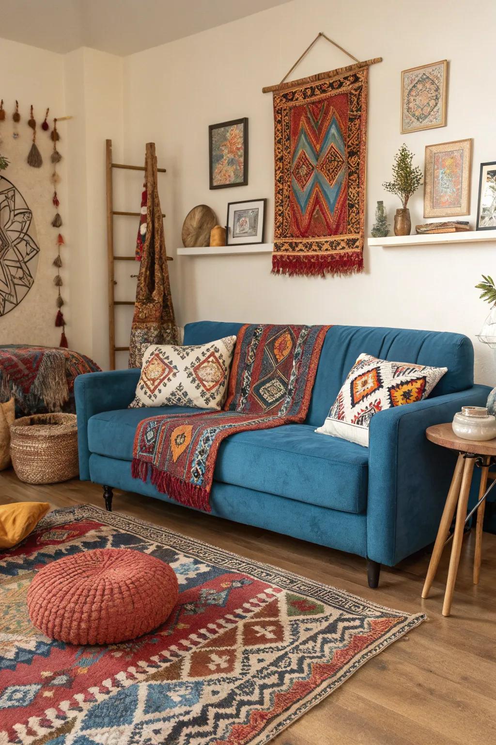 Eclectic patterns add vibrancy to a blue sofa setting.