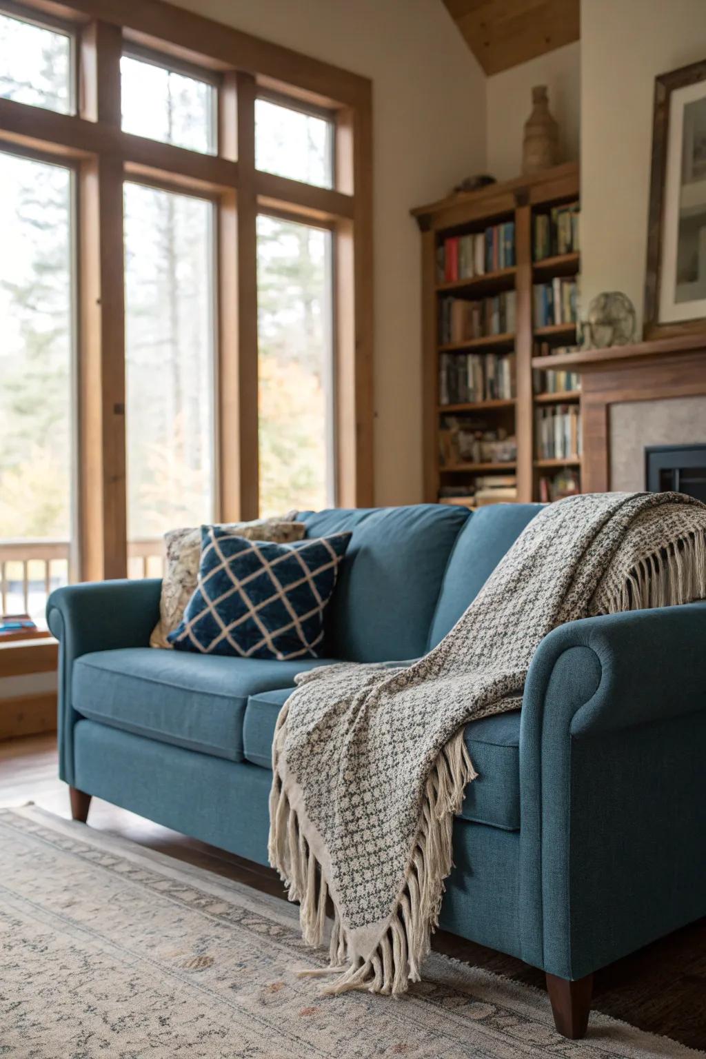 Textured throws add coziness to a blue sofa.