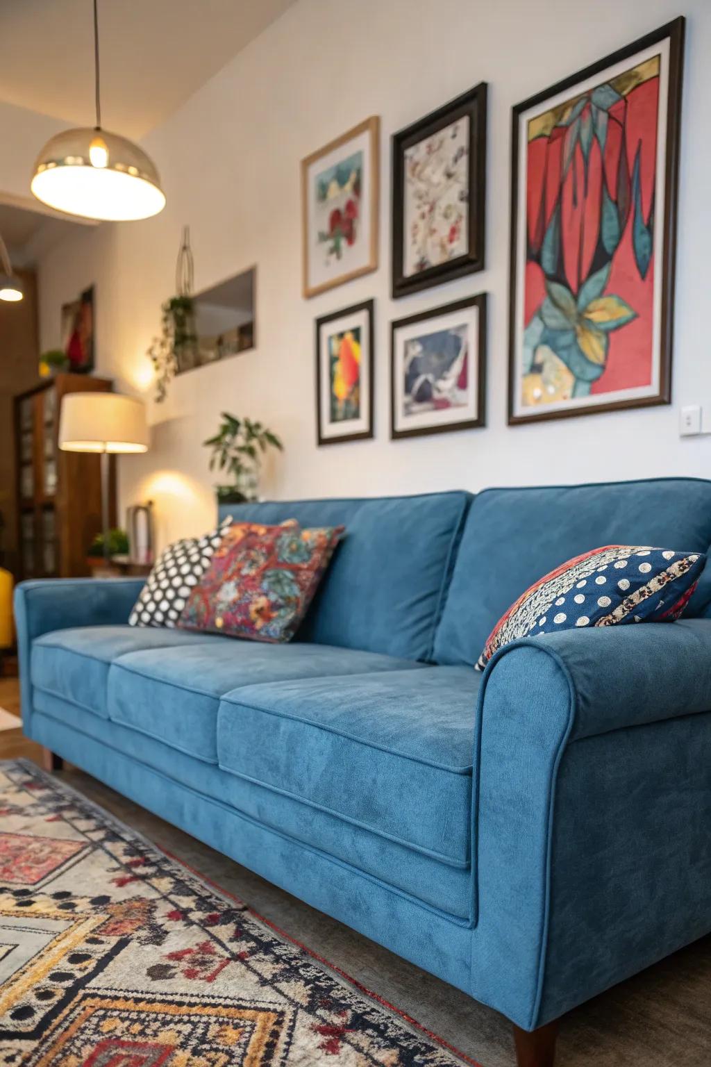 Bold artwork creates a striking focal point above a blue sofa.