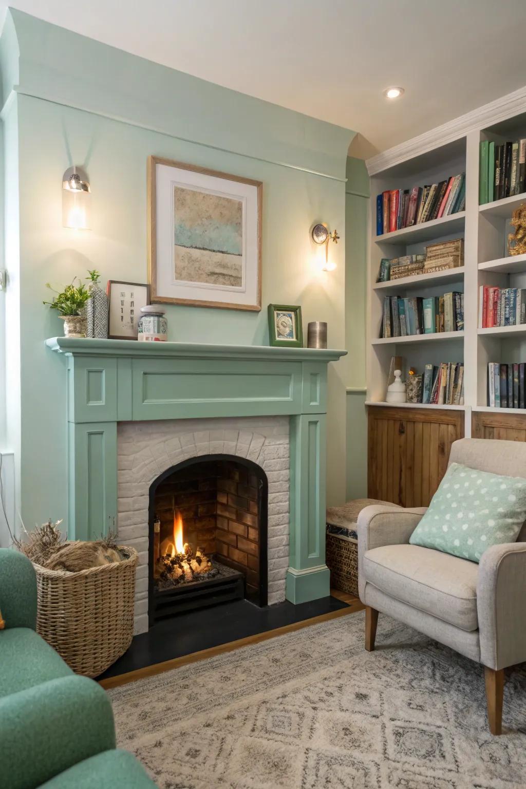 A light and airy small room featuring a mint green fireplace.