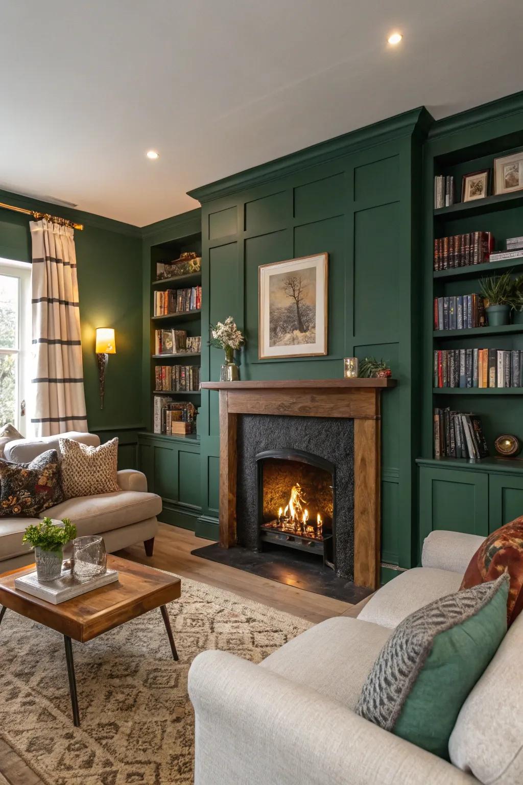 A dramatic living room featuring a forest green accent wall complementing the fireplace.