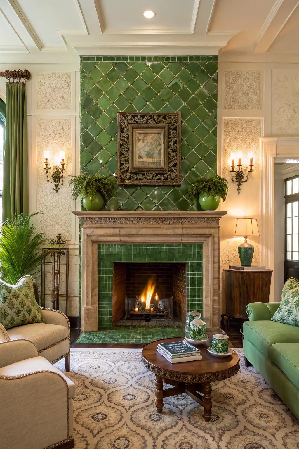 A fireplace exquisitely accentuated by green tile highlights.