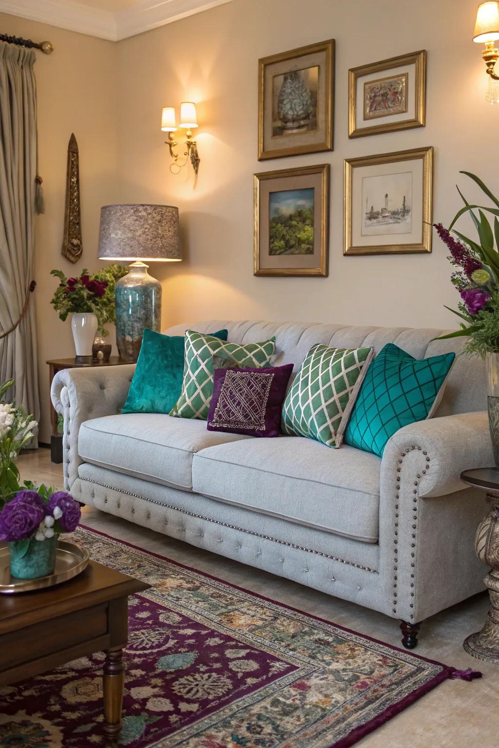 Jewel tones add richness to a pale grey sofa setting.