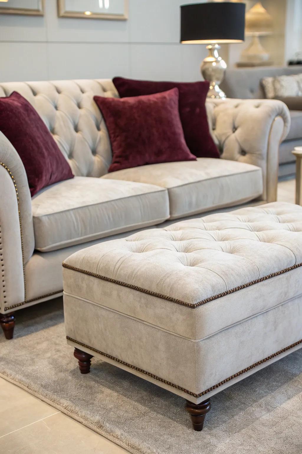 Velvet elements bring luxury and comfort to a pale grey sofa.