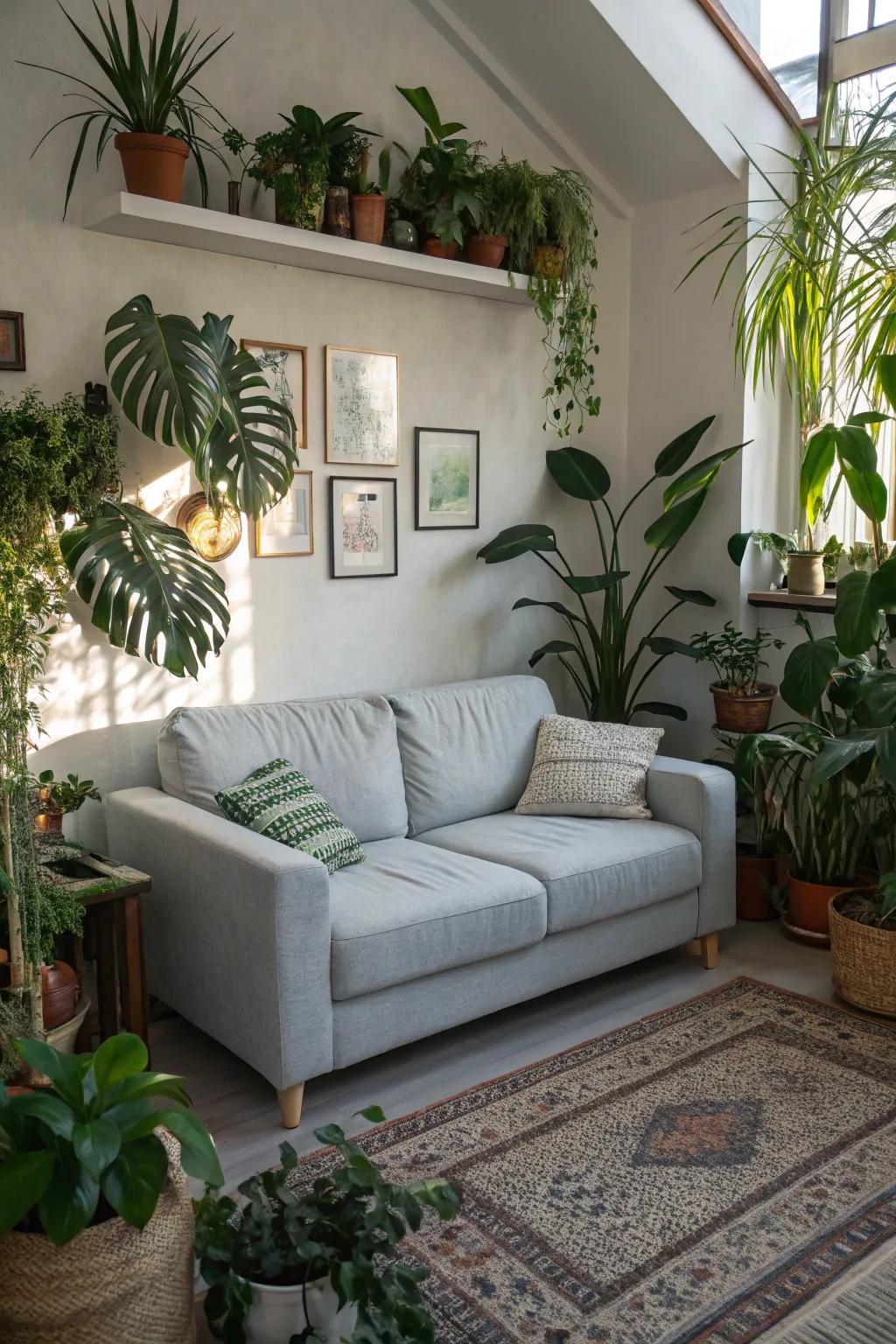 Indoor plants add freshness and vibrancy near a pale grey sofa.
