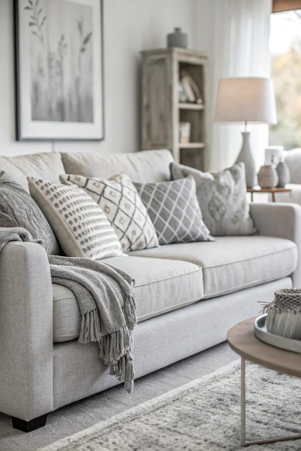 Monochromatic greys create a timeless look with a pale grey sofa.