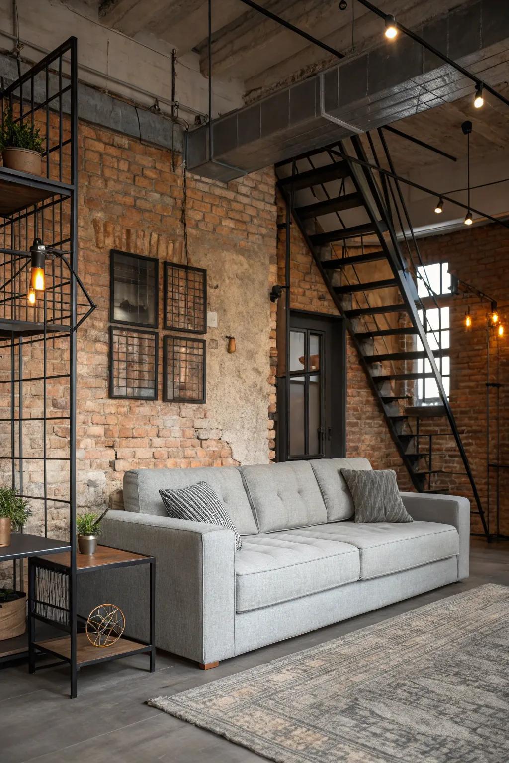 Industrial elements add urban edge to a pale grey sofa setting.