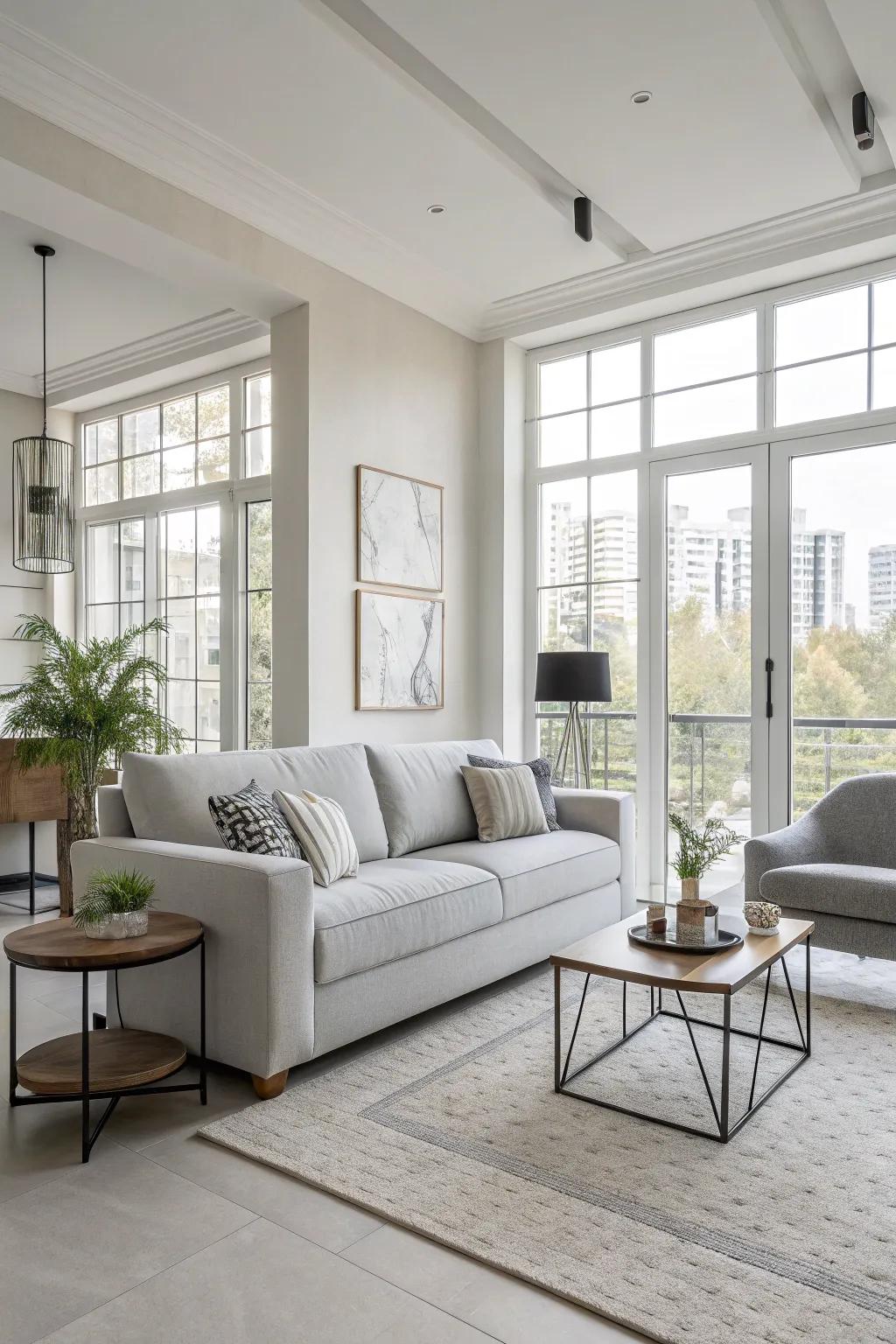 Minimalist design with clean lines complements a pale grey sofa.