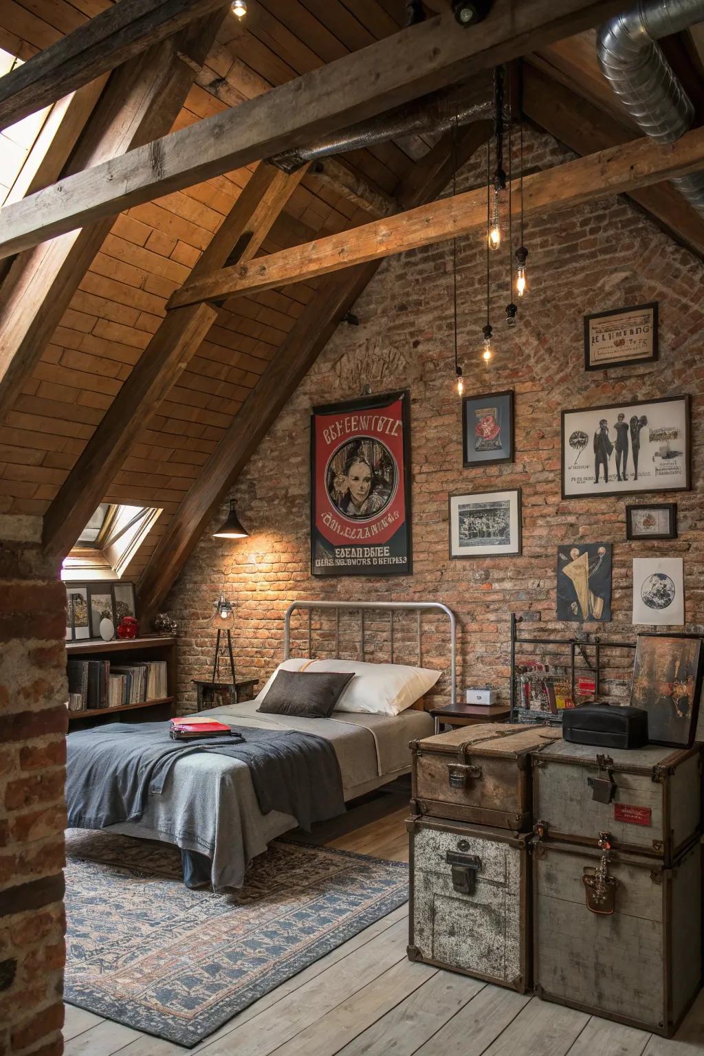 Exposed brick walls add texture and a rustic vibe to your attic bedroom.