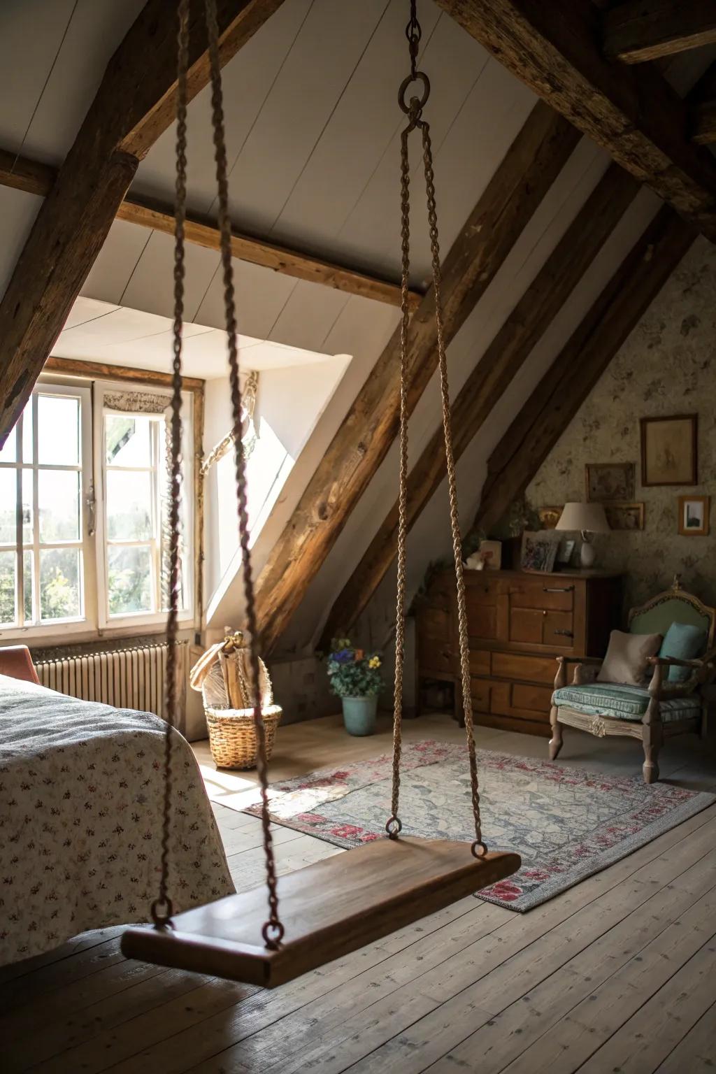 A swing adds a playful and relaxing element to your attic bedroom.