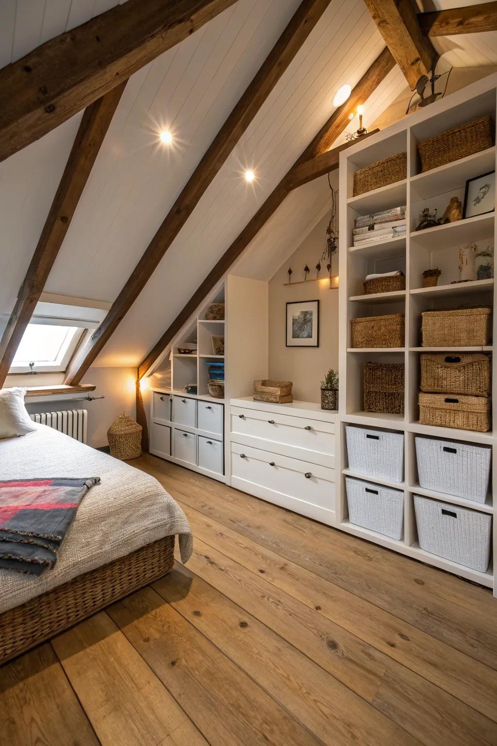 Built-in storage maximizes space and keeps your attic organized.