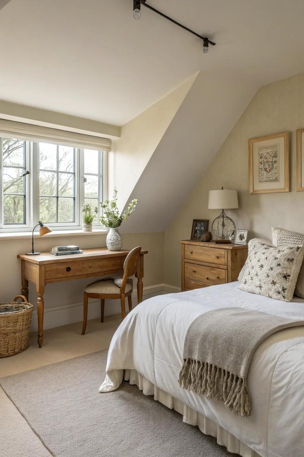 Soft, neutral tones create a peaceful and spacious feel in your attic bedroom.