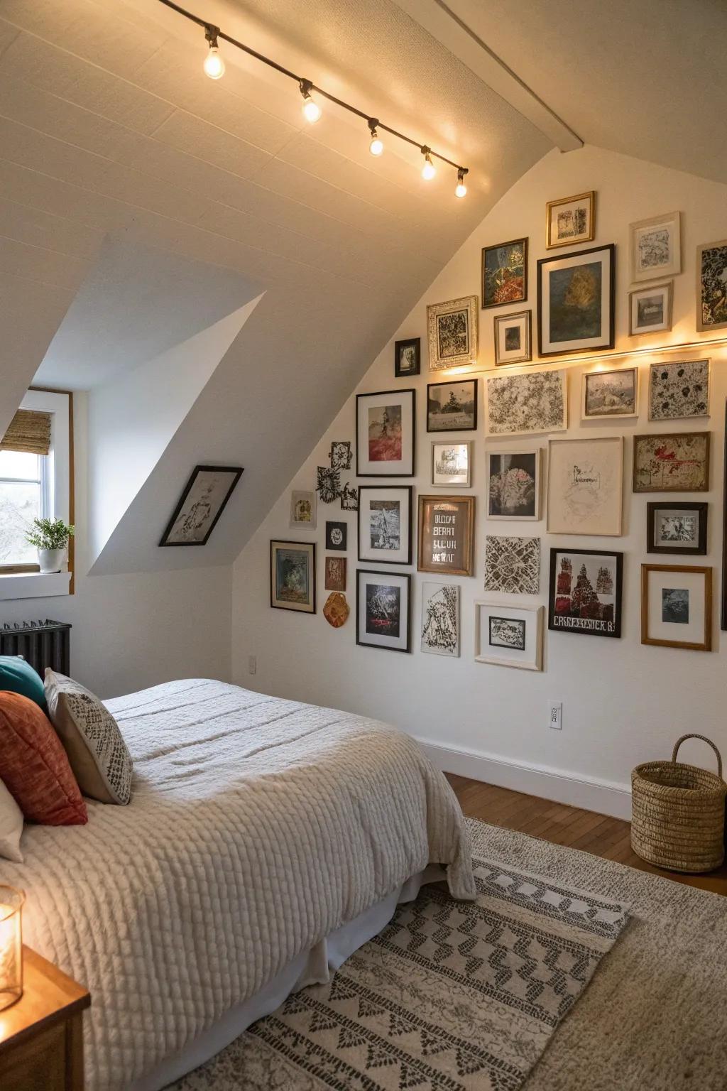 A gallery wall adds personality and visual interest to your attic bedroom.