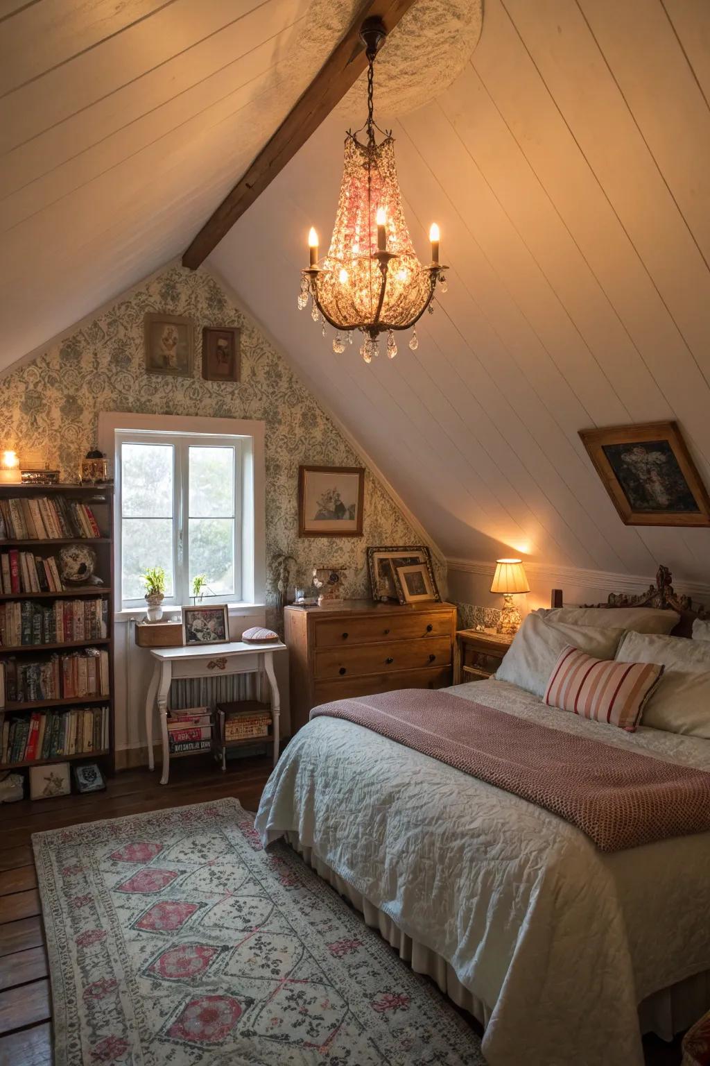 Warm lighting creates a cozy atmosphere in your attic bedroom.
