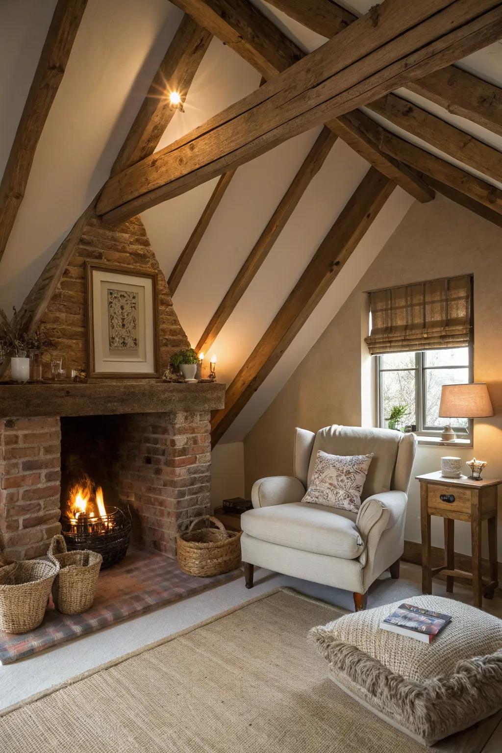 A rustic fireplace becomes the heart of your cozy attic bedroom.